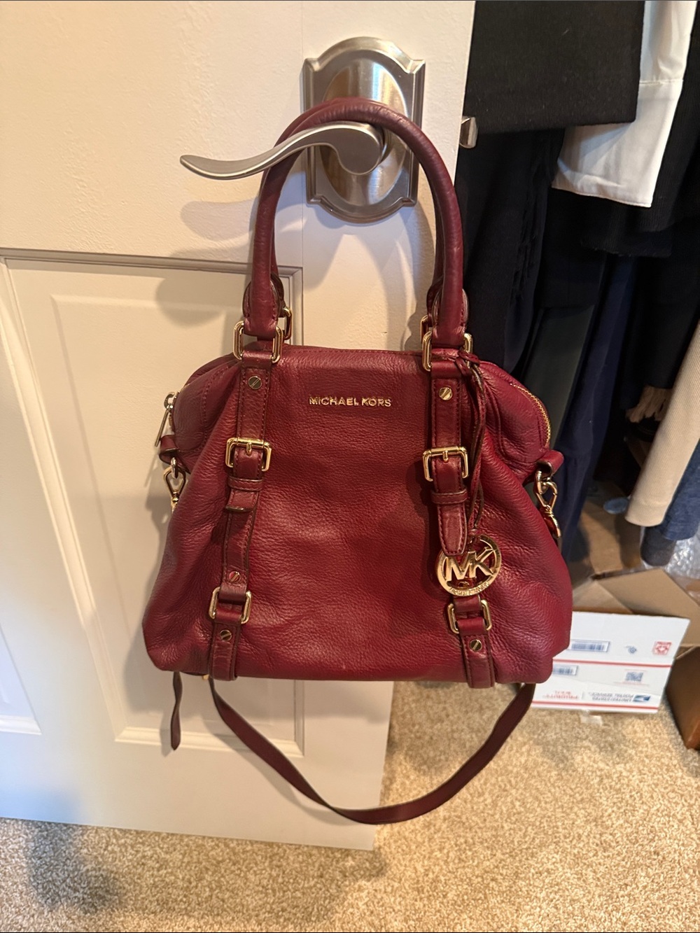 MICHAEL KORS Bedford Wine burgundy Leather Satchel with Gold Hardware